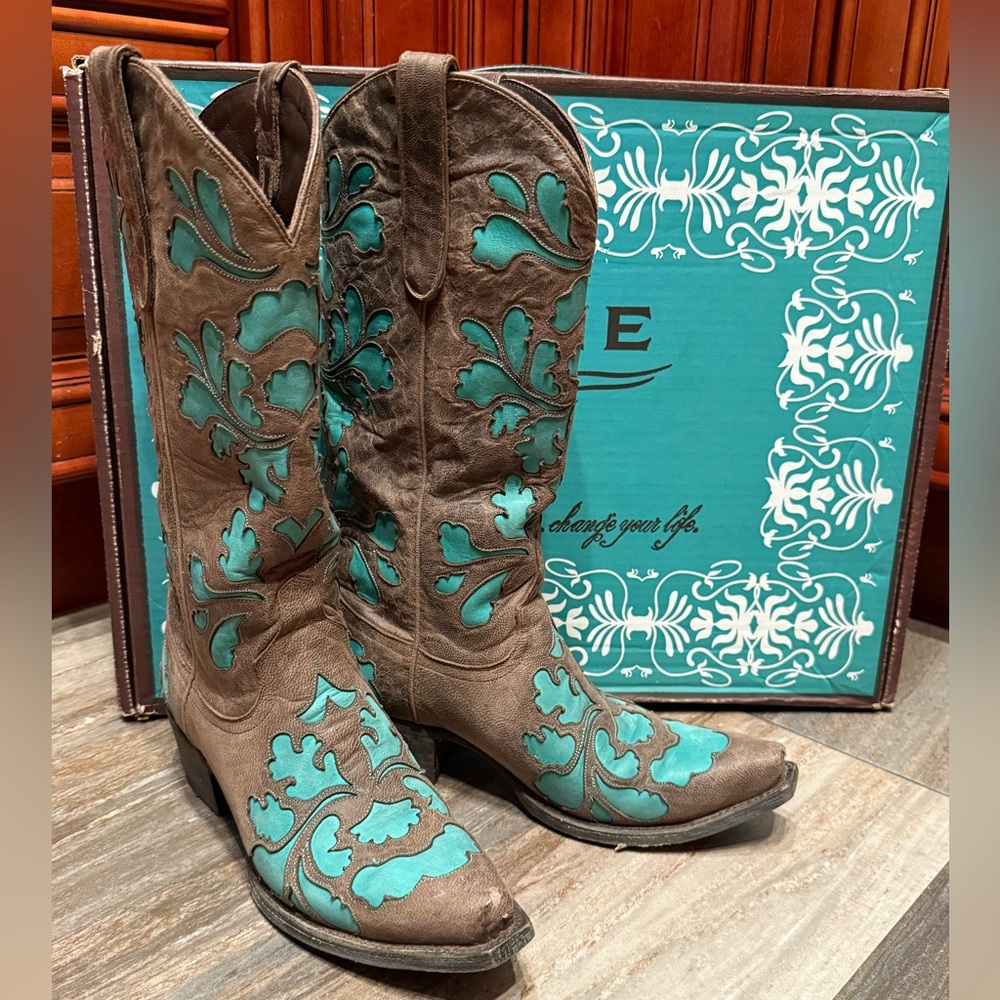 Lane Damask Cowboy Boots Cowgirl Rodeo Western Turquoise Wedding 7.5